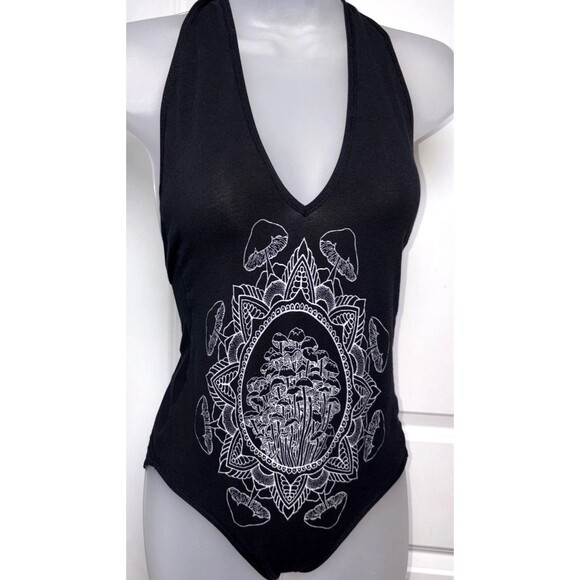 American Apparel Tops - American Apparel Medium Halter Bodysuit Black Cotton Spandex Mushrooms